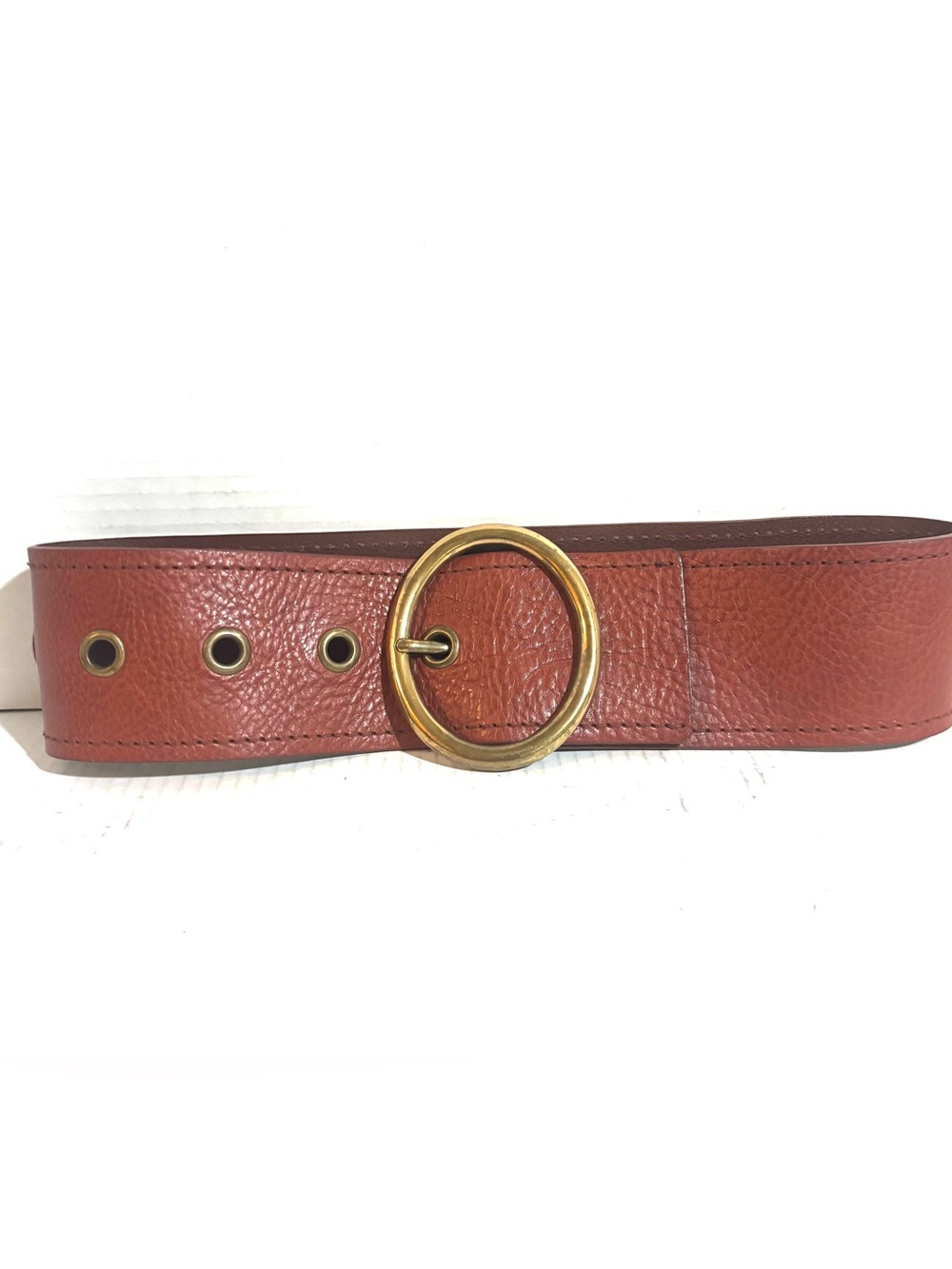 Leather Circle-Buckle Waist Belt in Rust